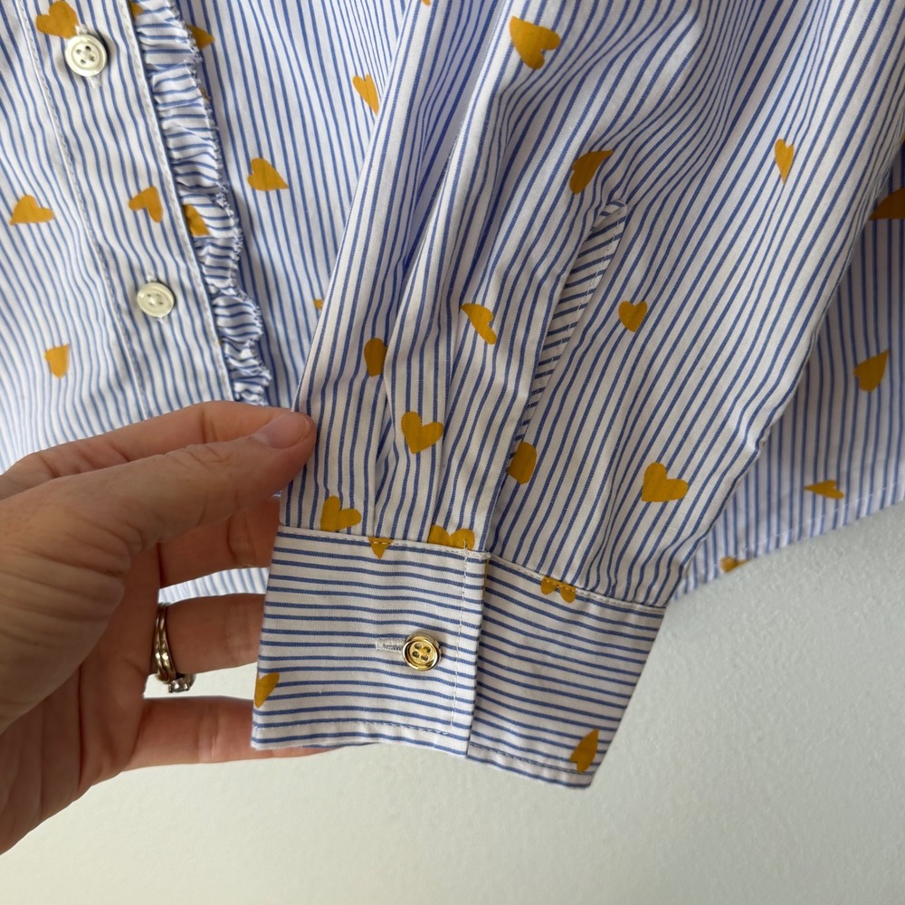Talbots Button Up Blouse S Blue White Striped Gold Heart 100% Cotton Ruffle - Picture 7 of 11